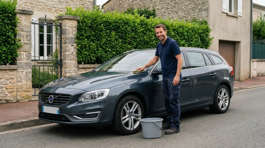 Laveur auto professionnel nettoyant un break dans une rue pavillonnaire en France
