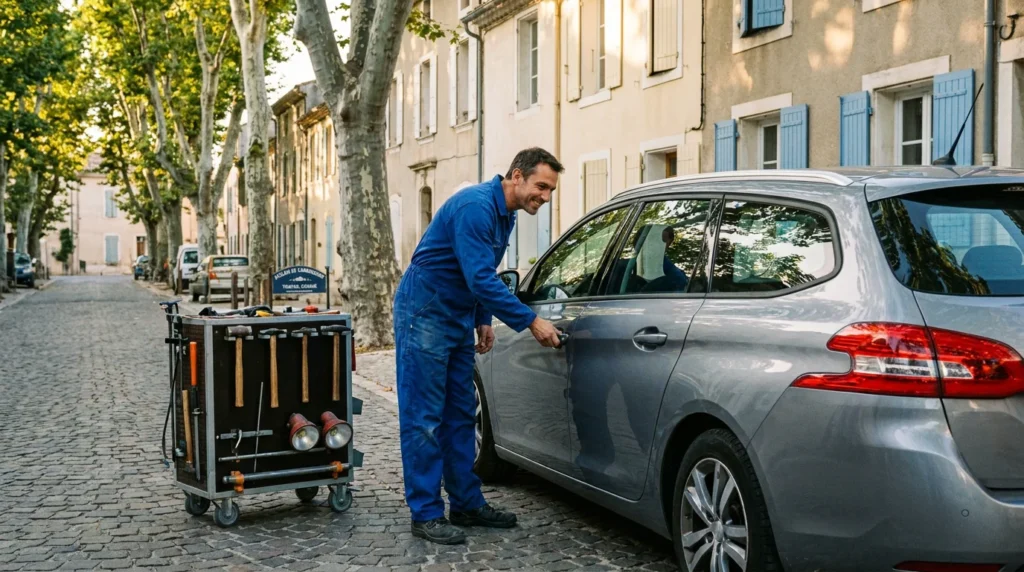 Carrossier à domicile inspectant un break familial dans une rue pavillonnaire en France